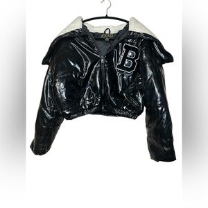 TAXI Glossy Black Varsity Jacket with Letter Patch